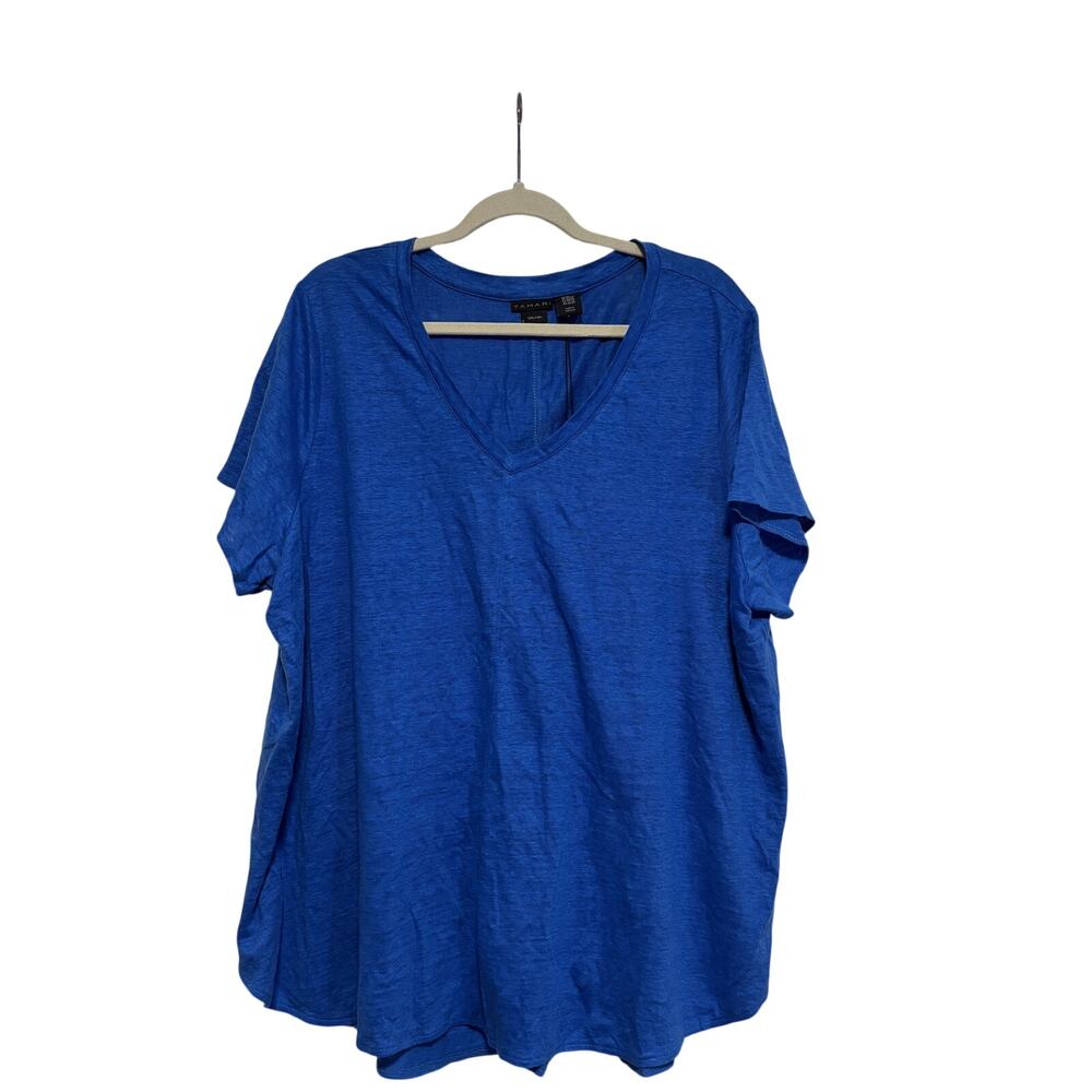 Tahari Blue V-Neck Linen Top 2X Plus Size - Picture 2 of 7